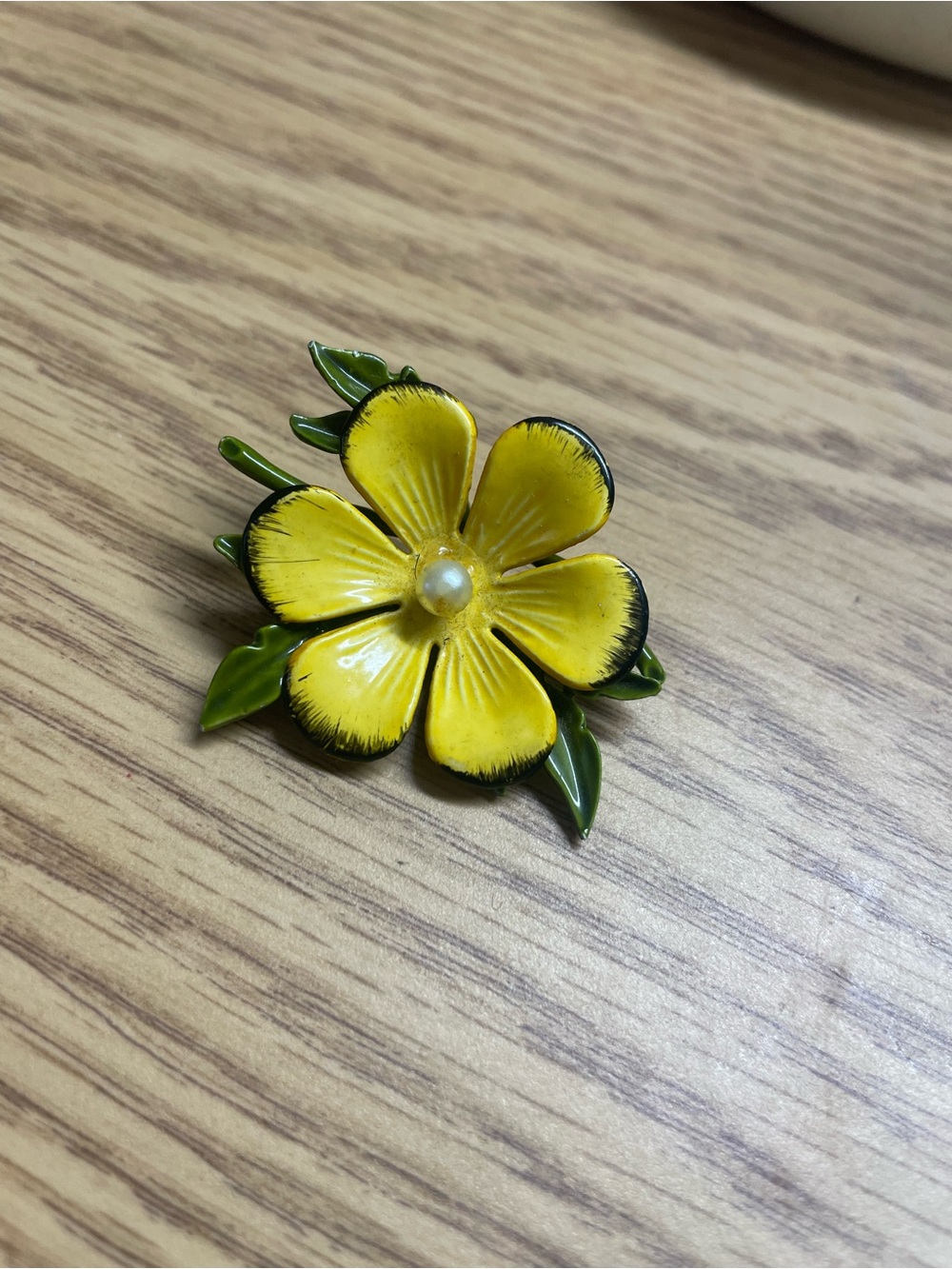 Vintage Yellow Flower Enamel Brooch with Pearl Accent